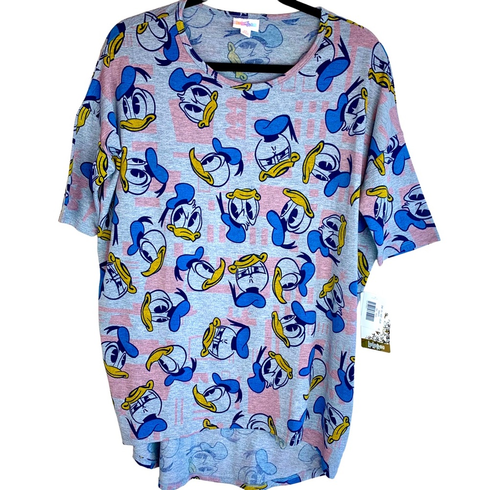 LuLaRoe Disney Collaboration Irma Tunic High Low Top Donald Duck Faces Print